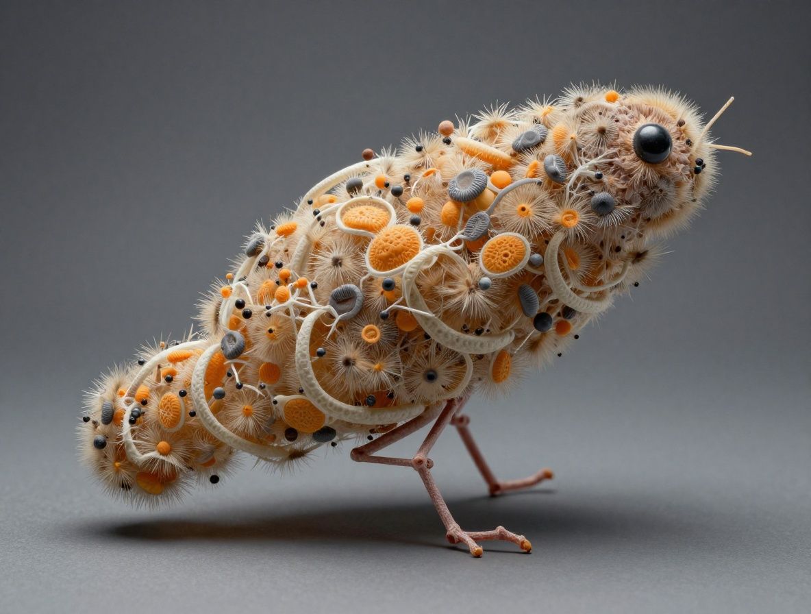 Abstrakti makrokuvaus oransseista ja keltaisista kasviperäisistä hiukkasista, symboloiden koentsyymi Q10:n molekyylitason luonnonrakennetta