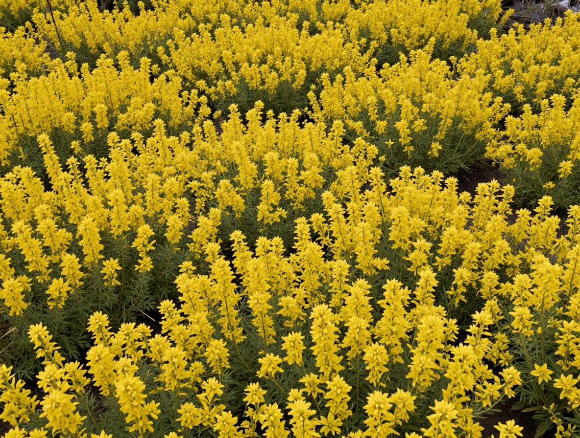 Panoraamanäkymä kasvitieteellisestä puutarhasta auringonlaskun aikaan, lämmin kultainen valo kasveilla ja kukilla, rauhallinen ja luonnollinen tunnelma