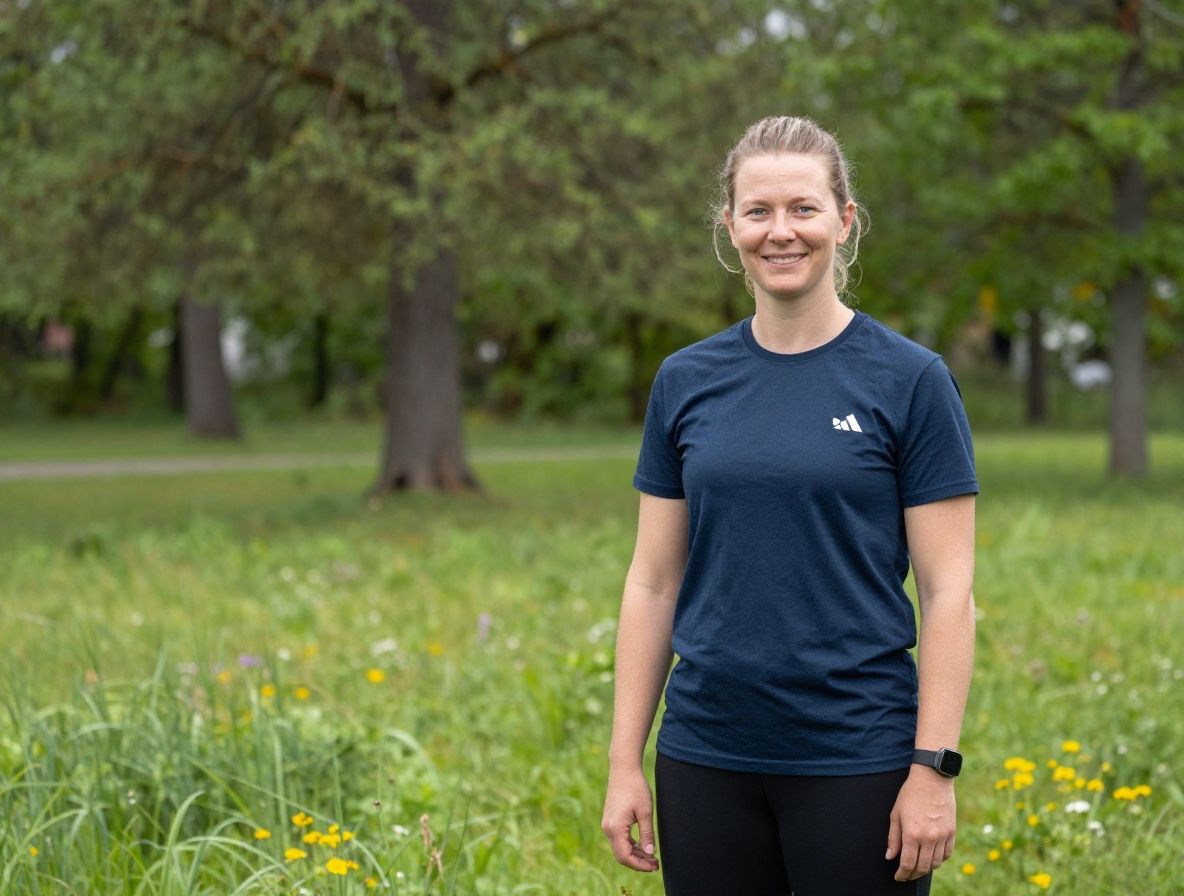 Henkilö harjoittaa joogaa ulkona vehreässä puistossa, rauhallinen ympäristö ja kirkas valaistus, kehonhallintaa ja tasapainoa kuvaava tilanne